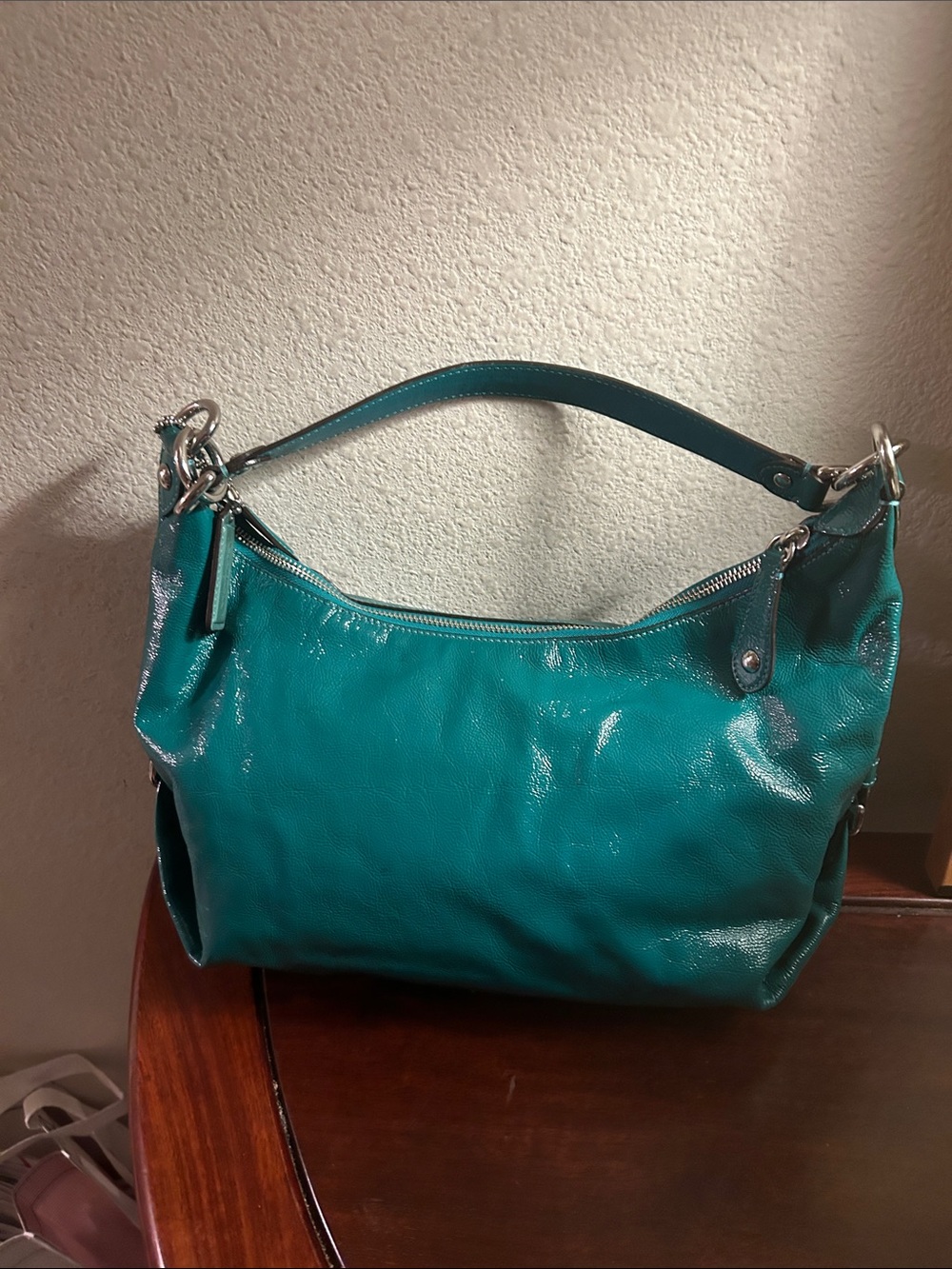 Coach Teal Leather Shoulder Hobo with Silver Hardware - Picture 5 of 9